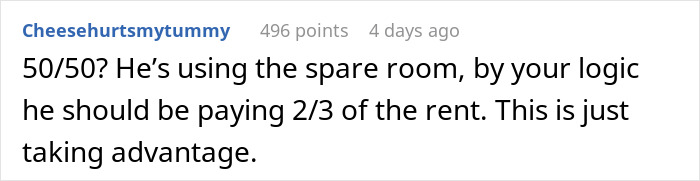 Reddit comment about unfair rent division, suggesting 2/3 payment for spare room use.