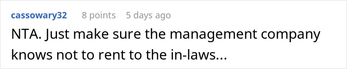 Reddit comment advising to keep in-laws from renting the property.