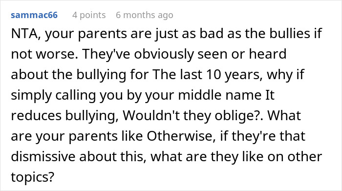 Comment about parents and bullying, questioning responsiveness to daughter's name issue.