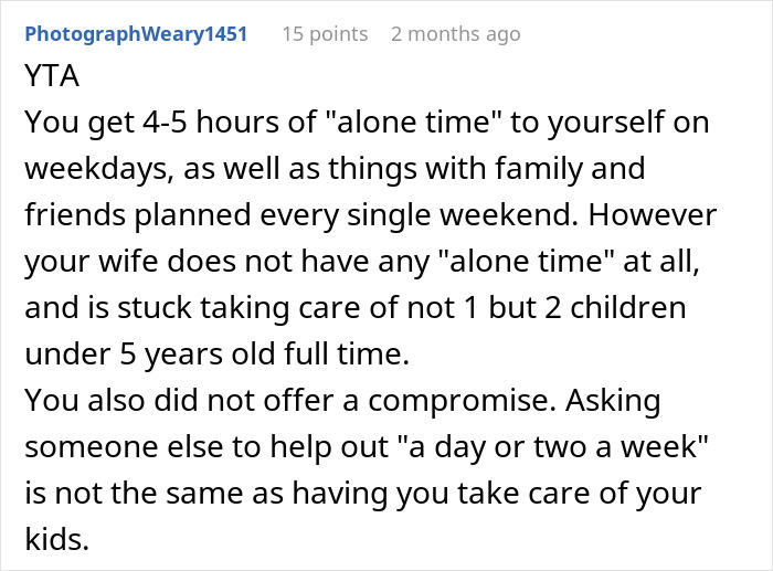 Text discussing husband's alone time, lack of compromise, and wife's full-time childcare responsibilities.