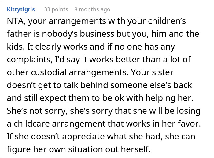 Text message criticizing sister's ungrateful behavior and supporting mom's childcare choices.