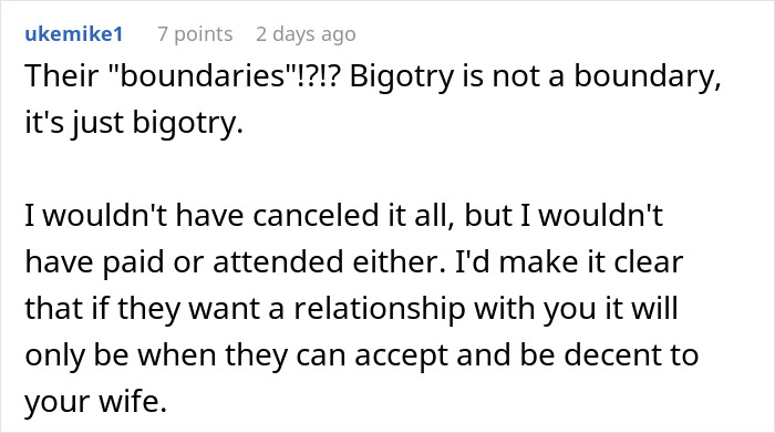 Comment discussing boundaries and bigotry related to daughter's canceled party for wife disrespect.