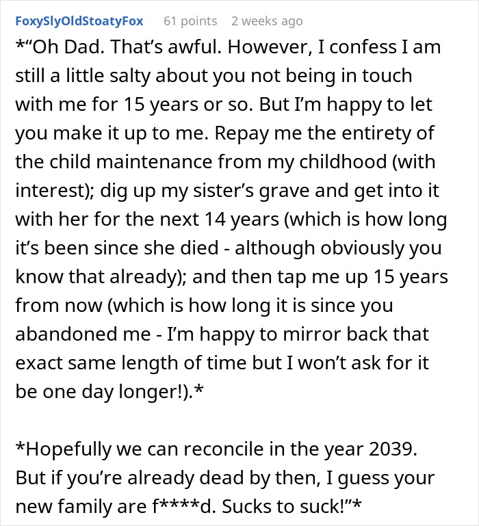 Text post expressing refusal to care for father's affair family after he's gone.