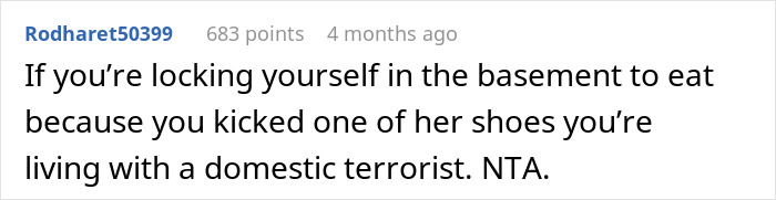 Reddit comment suggesting a guy who locked himself in the basement is not at fault, calling the girlfriend's behavior extreme.