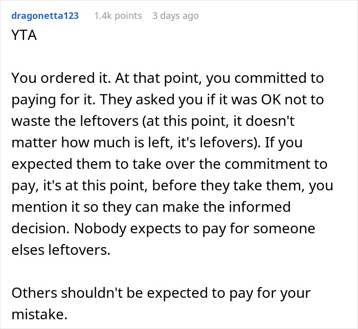 Comment discussing a woman not paying for a meal her friends took home, with opinions on commitment and fairness.