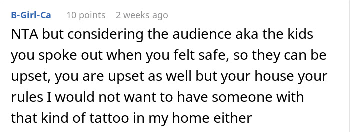 Comment discussing offensive tattoo and house rules, supporting someone for speaking out when safe.