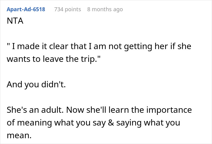 Text comment discussing a parent refusing to pick up their anxious daughter from a road trip.