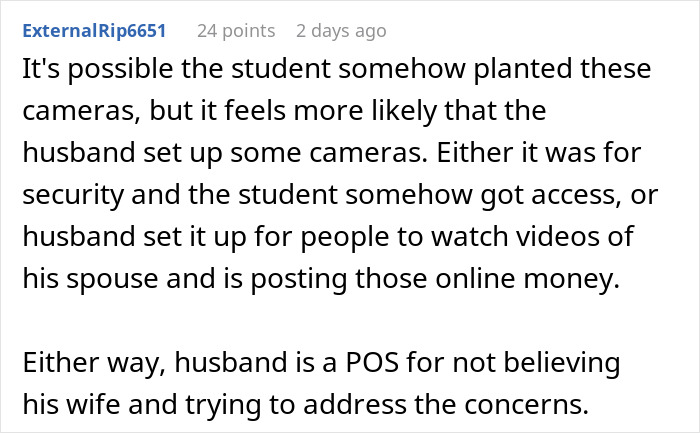 Reddit comment about a student's creepy comment and a husband's reaction.