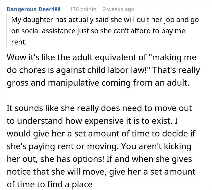 Text exchange about a mom asking adult children to contribute rent; daughter refuses, considering quitting her job.