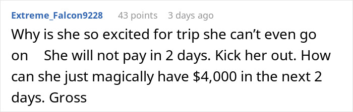 Comment criticizing a friend's refusal to cover vacation costs, calling it gross.