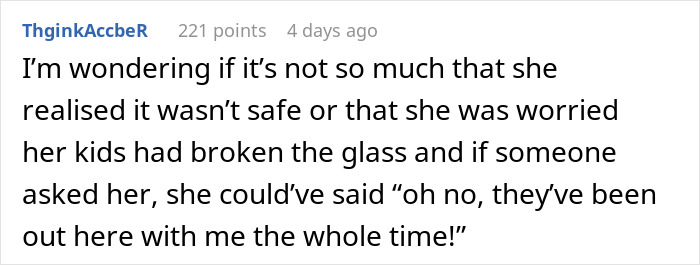 Reddit comment questioning if mom was worried kids broke glass while running in store.