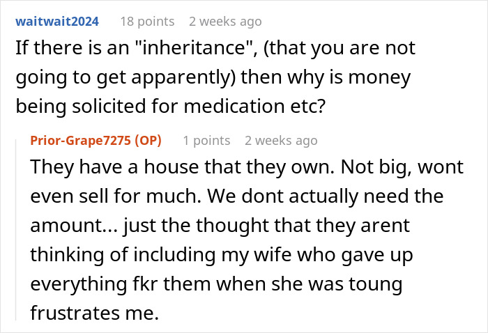 Reddit discussion where parents use daughter for money, prompting frustration over lack of inheritance inclusion.