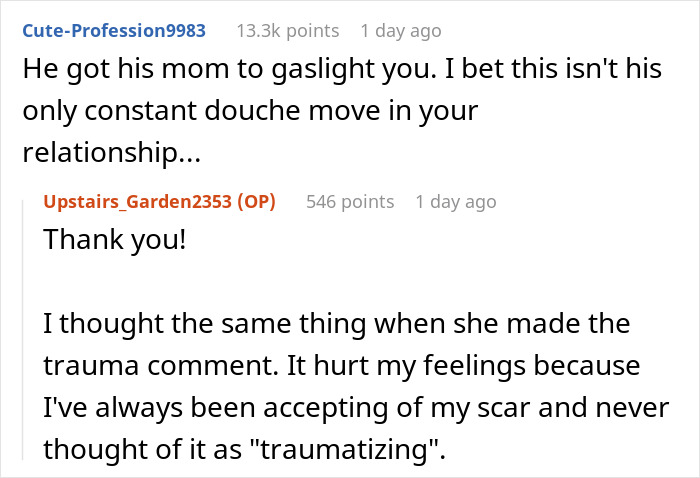 Reddit comments discussing a groom's insensitive remark about a scar, sparking a wedding postponement.