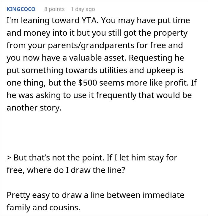 Reddit discussion about brother paying for using family cabin; mention of fairness and upkeep costs.