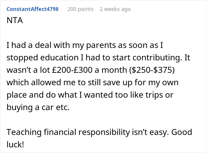 Reddit comment discussing financial responsibility and adult children contributing to rent.