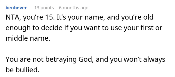 Reddit comment discussing a teen's decision to choose a name, mentioning God and bullying.