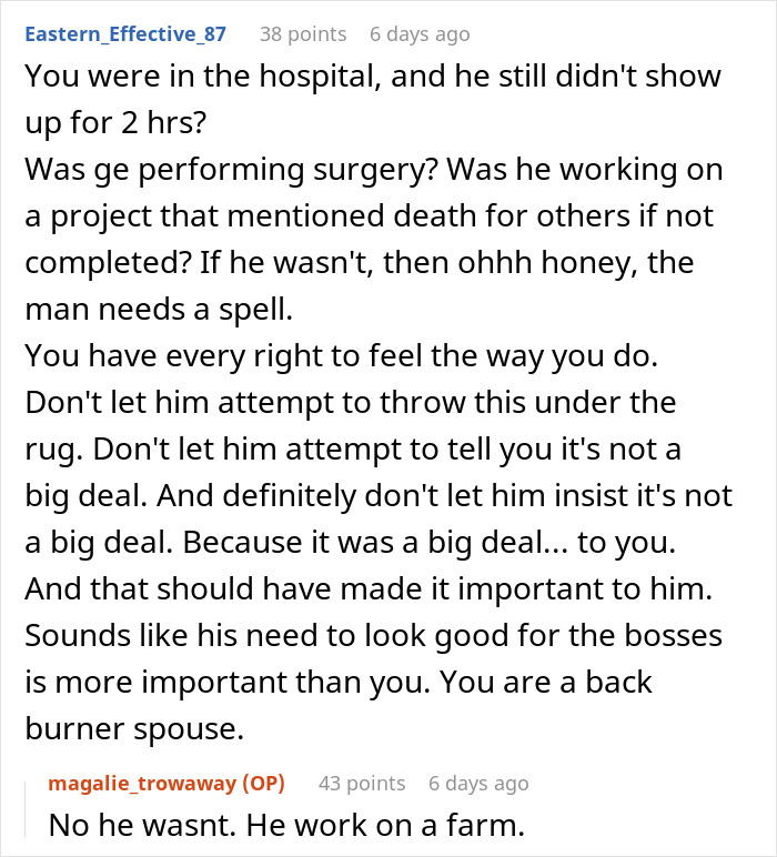 Reddit comment discussing husband not rushing home after wife's SOS call during hospital visit.