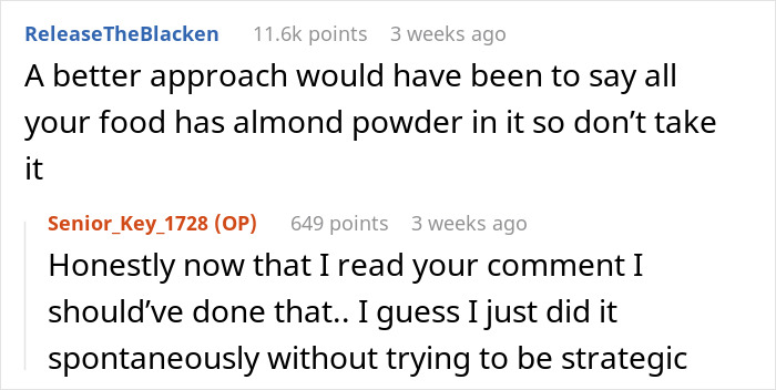 Comment about food allergies and roommate issues on Reddit.