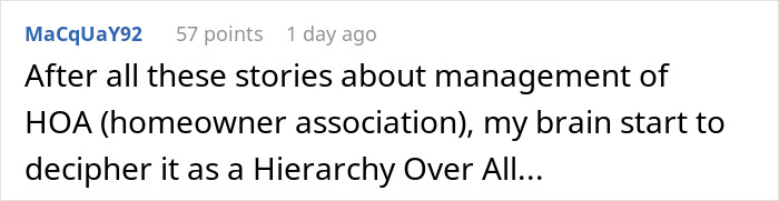 Text comment humorously interpreting HOA as &ldquo;Hierarchy Over All.