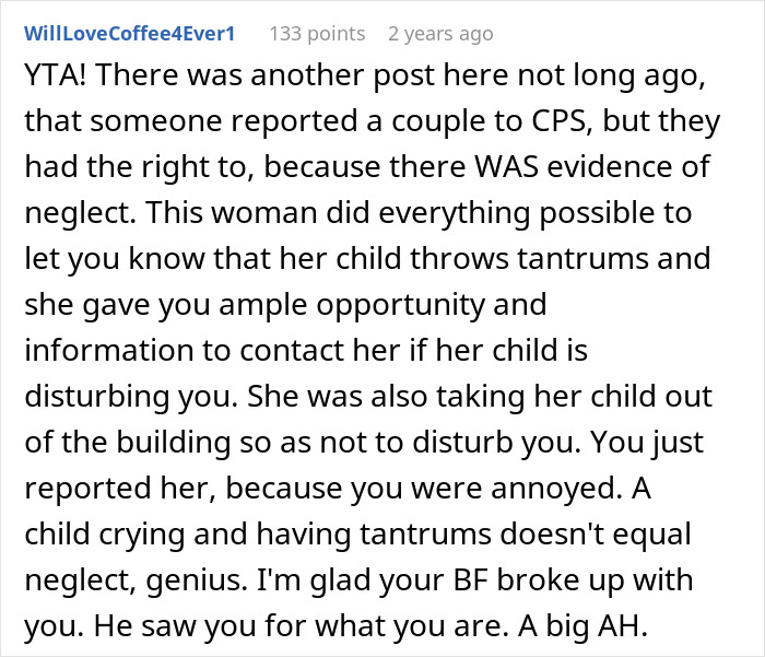 Comment criticizes a woman for calling CPS on a mom over toddler tantrums, labeling the action as unjustified neglect.