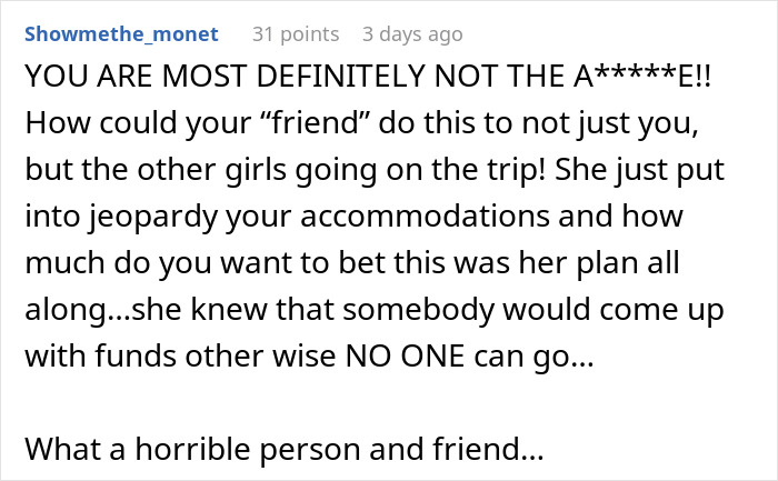 Text response criticizes friend for not having money for vacation last minute.