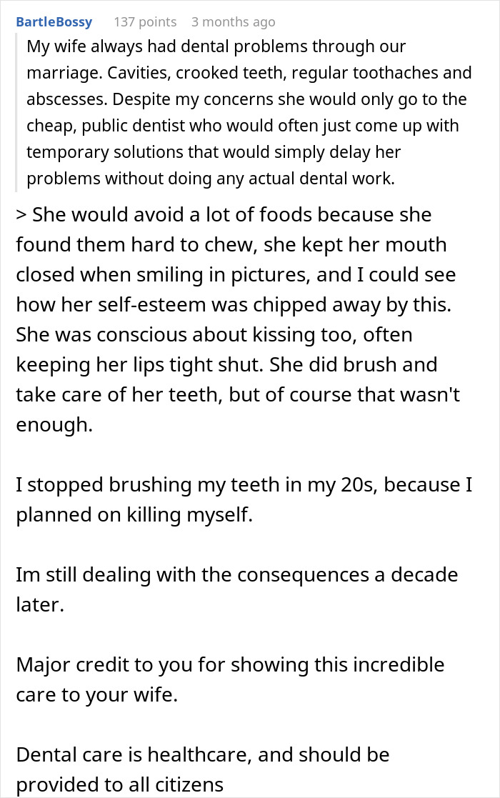 Reddit post expressing gratitude for life-changing gift, highlighting wife's dental struggles and husband's support.