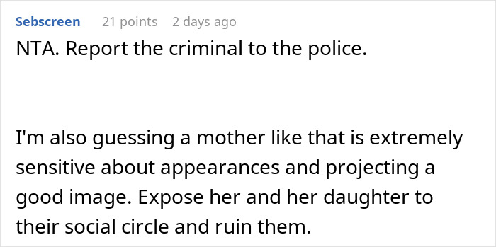 Comment advising to report the theft and expose the woman and daughter to their social circle.