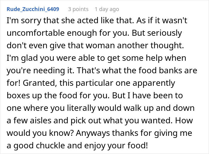 Comment discussing food banks, help received, and a humorous experience.