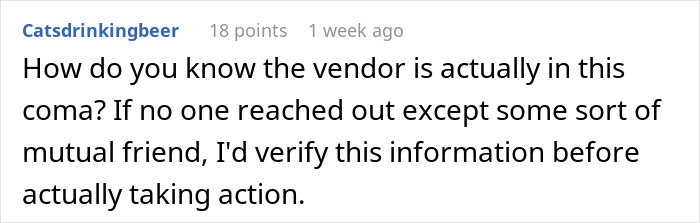 Comment discussing a vendor's wedding deposit situation and verification.