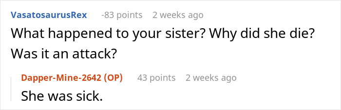 Reddit exchange discussing a sick sister in context of a family issue with a deadbeat father.