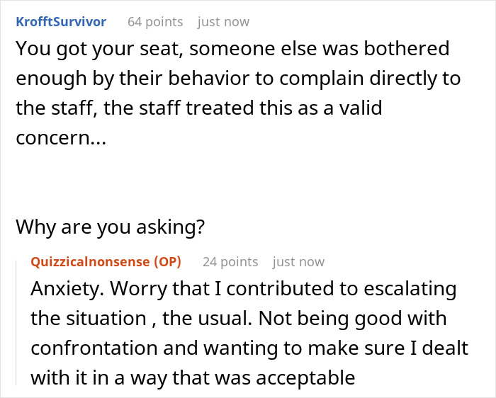 Reddit comments discussing anxiety and confrontation over a prepaid train seat issue.