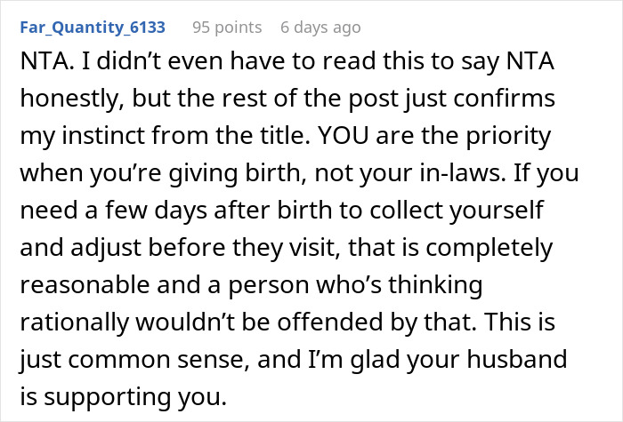 Comment about MIL being offended for not sleeping over after DIL gives birth, supporting DIL's need for space.