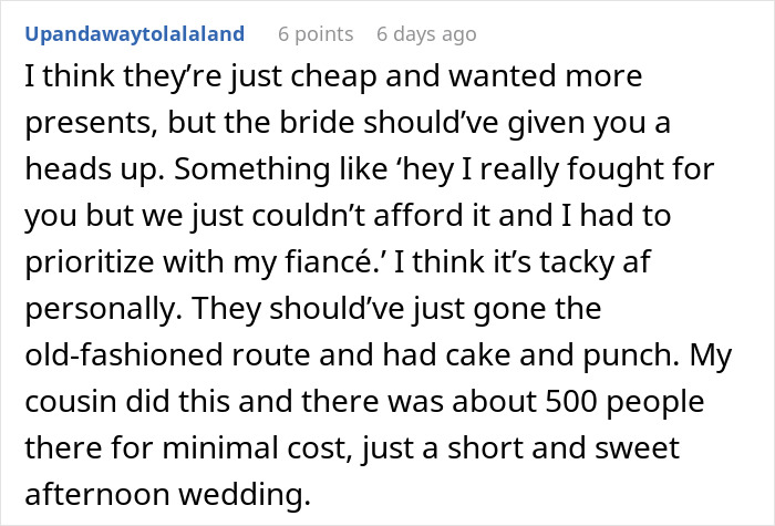 Text on Reddit about a woman feeling weird for being excluded from a wedding dinner.