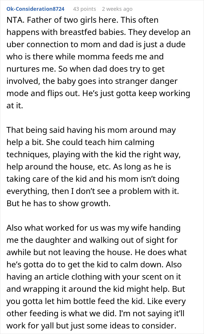 Text discussion about a husband learning to take care of his infant son without his wife coddling him.