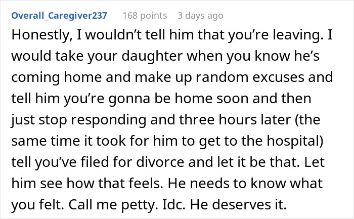 Text screenshot discussing a husband's delayed response to wife's SOS call, suggesting filing for divorce as a consequence.