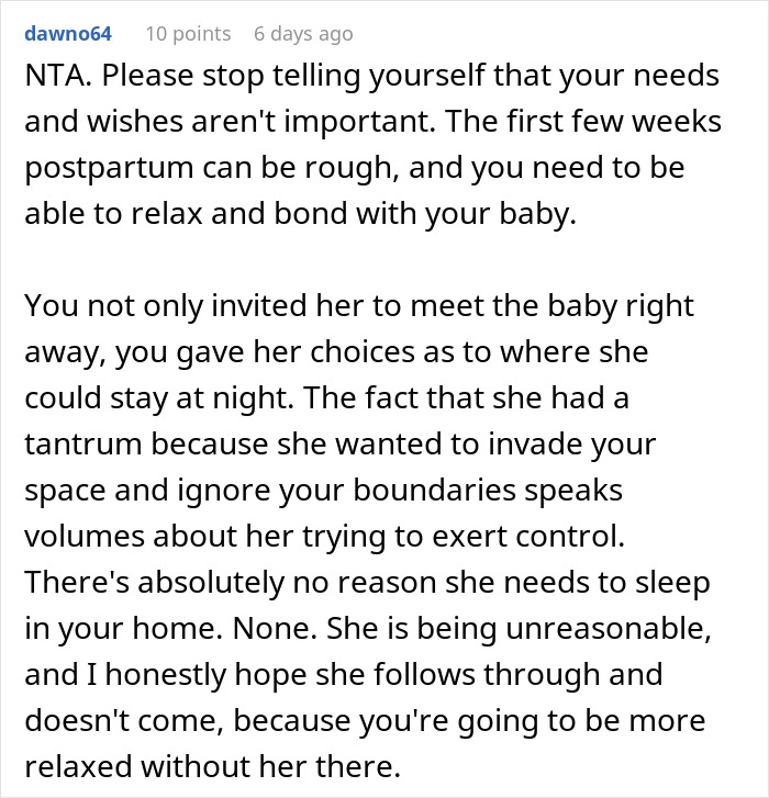 Text screenshot discussing MIL not allowed to sleep over post-birth, emphasizing respecting boundaries.