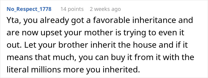 Reddit comment discussing a woman's inheritance concerns and her brother's share.