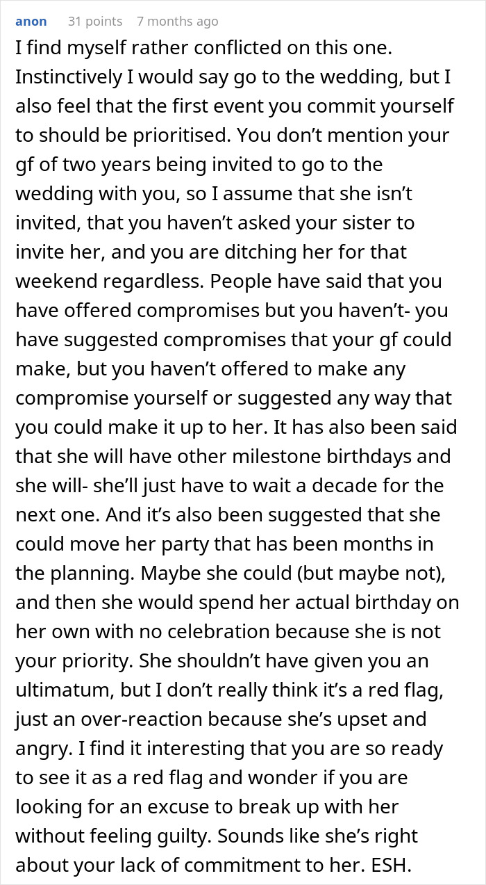 Text discussing a relationship ultimatum about attending a girlfriend&rsquo;s birthday party or risk breaking up.