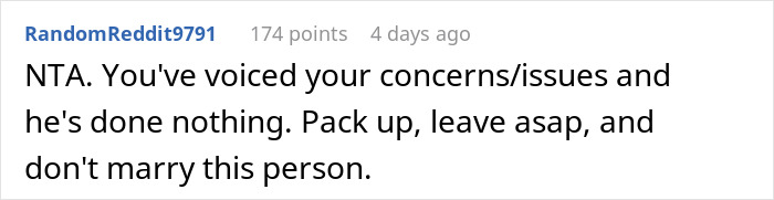 Reddit comment advising someone to leave their partner due to issues with their mother-in-law.