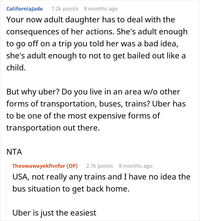 Text exchange discussing the cost of Uber for travel after a road trip, emphasizing transportation choices.