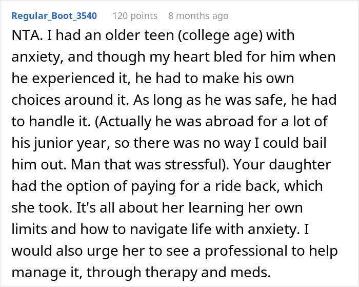 Text discussing parenting decisions and handling anxious teens with options like paying for rides and learning independence.