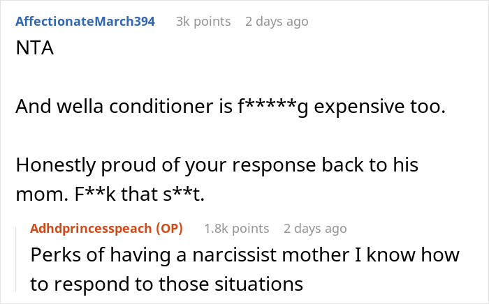 Reddit conversation discussing expensive conditioner and dealing with a narcissistic mother.