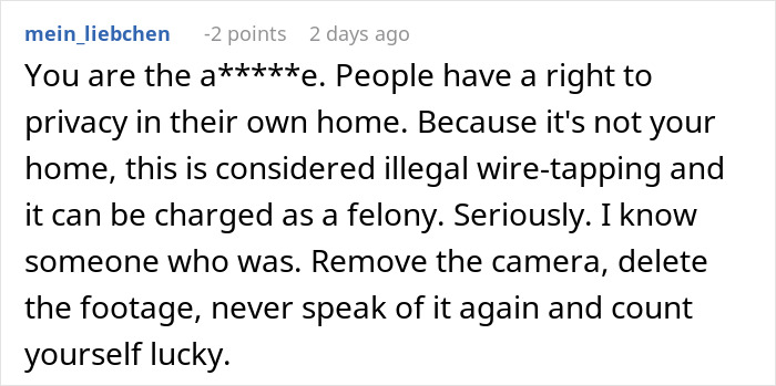 Comment criticizing camera setup for evidence of stealing, mentioning privacy and legal issues.