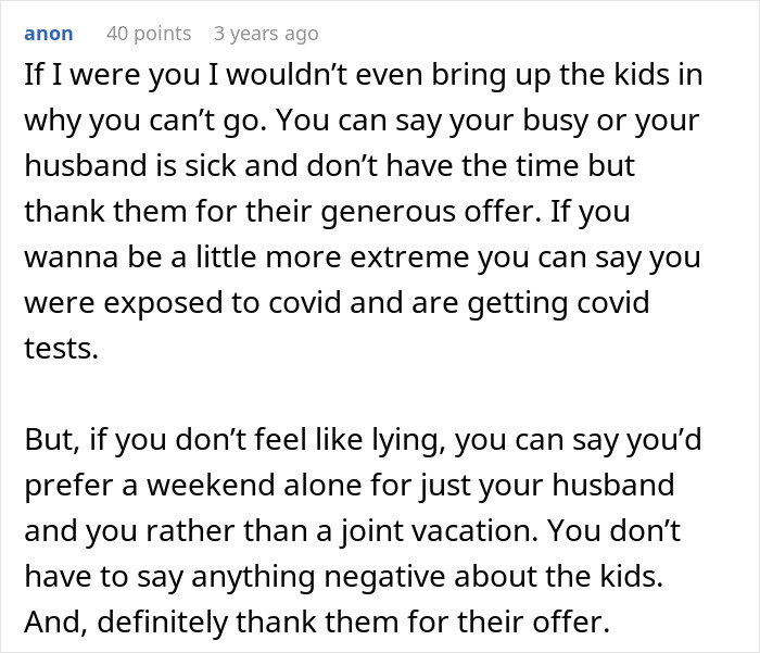 Advice on how child-free couple can avoid vacation with kids, posted on a forum by an anonymous user.