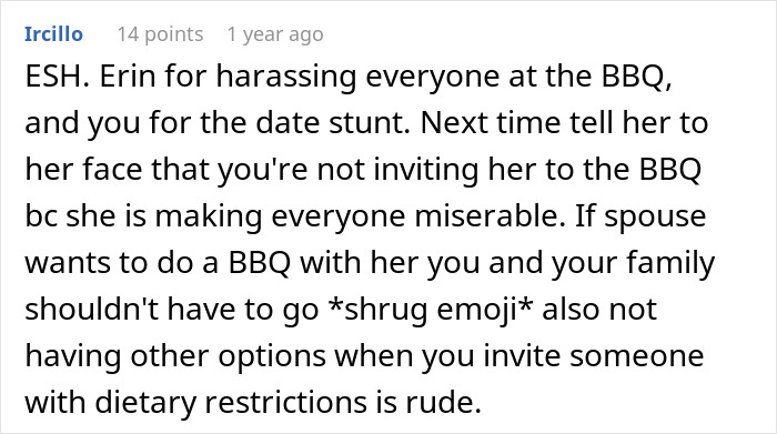 Reddit comment discussing issues at family BBQ with vegan SIL causing tension over dietary restrictions.