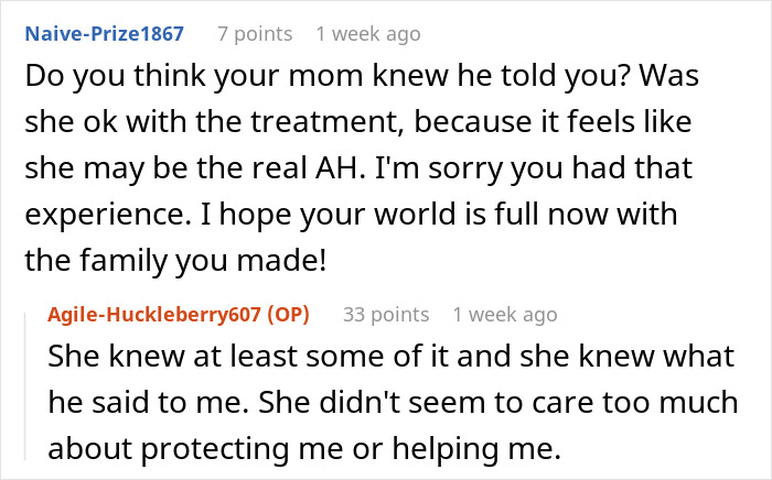 Reddit thread discussing family dynamics related to a stepchild and father's will.