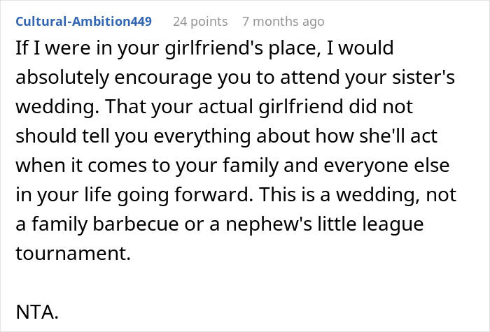 Comment discussing relationship ultimatum regarding attending a wedding, with the user suggesting support for attending family events.