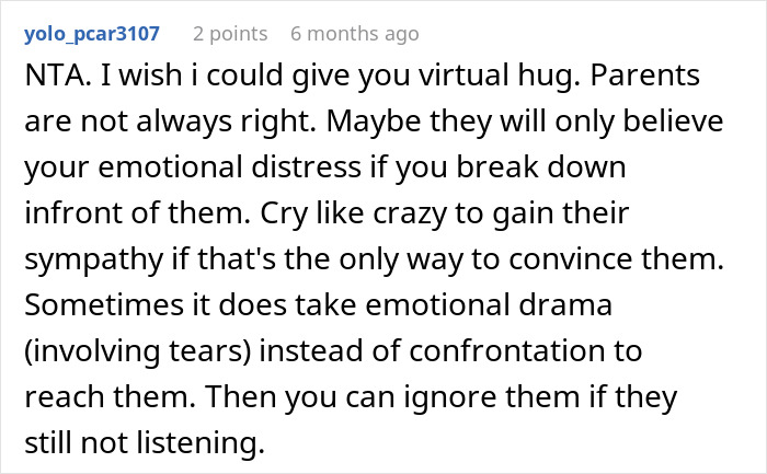 Reddit comment offering advice and support to someone dealing with parental issues.