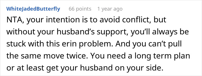 A user comment discussing avoiding conflict with husband's support in a family situation involving a vegan sister-in-law.