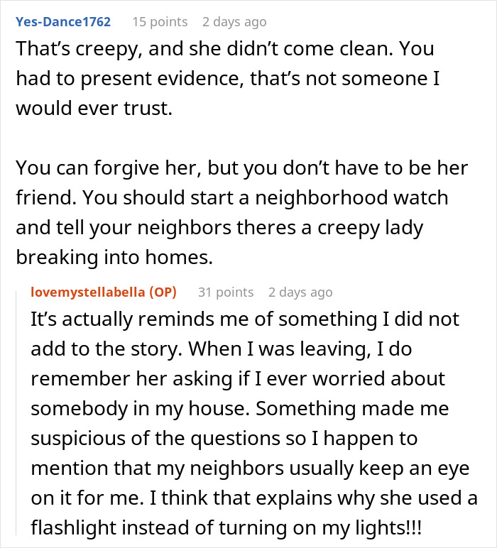 Text exchange discussing a woman breaking into a friend's house, highlighted by user reactions.